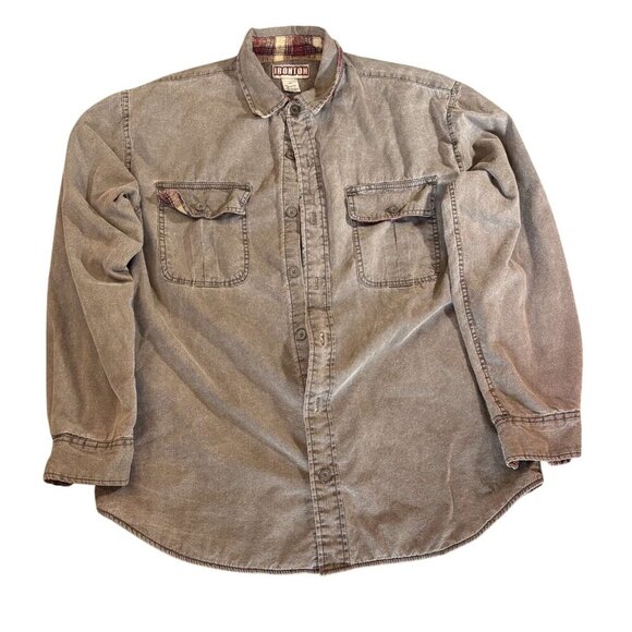 Mens Ironton Brown Faded Button-Up Chore Shirt Plaid Fleece Lining Pockets M - Picture 1 of 8